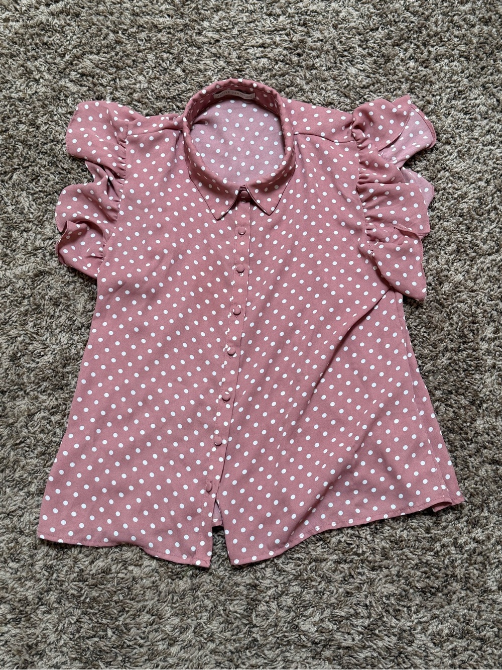 Pink Polka Dot Button-Up Blouse with Ruffle Sleeves